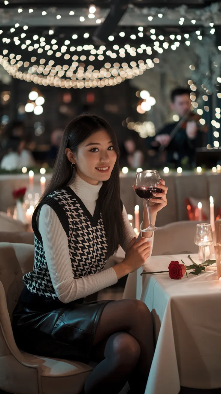 A young Japanese woman with long, straight dark hair and a radiant smile sits at an elegant restaurant table, illuminated by the soft glow of candlelight. She wears a stylish black-and-white houndstooth patterned vest over a cozy white turtleneck sweater, paired with a sleek black skirt and sheer tights, her outfit effortlessly blending sophistication with warmth. Her dark eyes shimmer in the dim light as she gently holds a glass of red wine, savoring the romantic atmosphere.  The restaurant is beautifully decorated for Valentine’s Day—delicate fairy lights twinkling in the background, the soft murmur of couples engaged in conversation, and a single red rose resting on the table beside her. The air is filled with the gentle melody of a live violinist playing in the corner, completing the intimate and elegant ambiance of this special evening.