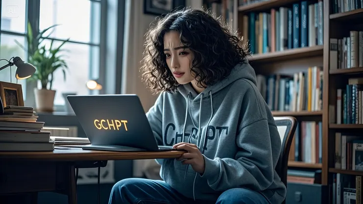 2024/12/12 這天早上7:30左右，發生了ChatGPT大當機事件 潔莉，一位日本與希臘混血的女性，穿著休閒的寬鬆連帽衫和牛仔褲，坐在書桌前，她看著電腦螢幕，表情看起來非常擔心焦慮!!