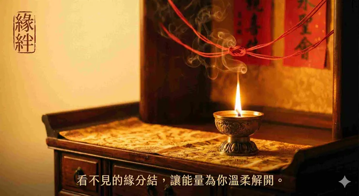 緣絆正統道家和合術法壇特寫,燭光與紅線象徵透過靈性能量調和,修復破裂的感情緣分與磁場。