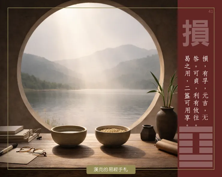 山澤損,減而後盈。二簋已足,褪去浮華,只留真誠。 (漢克設計,AI生成圖)