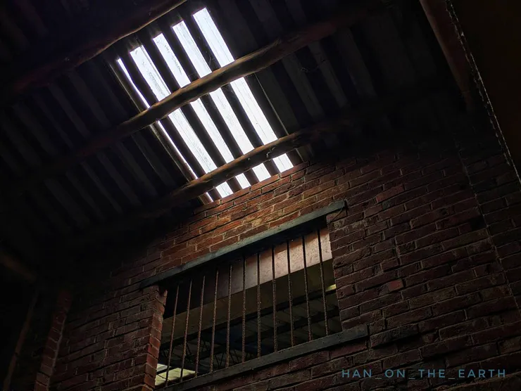 天花板的木橫樑，紅磚是創辦人以前經營磚窯廠的材料。