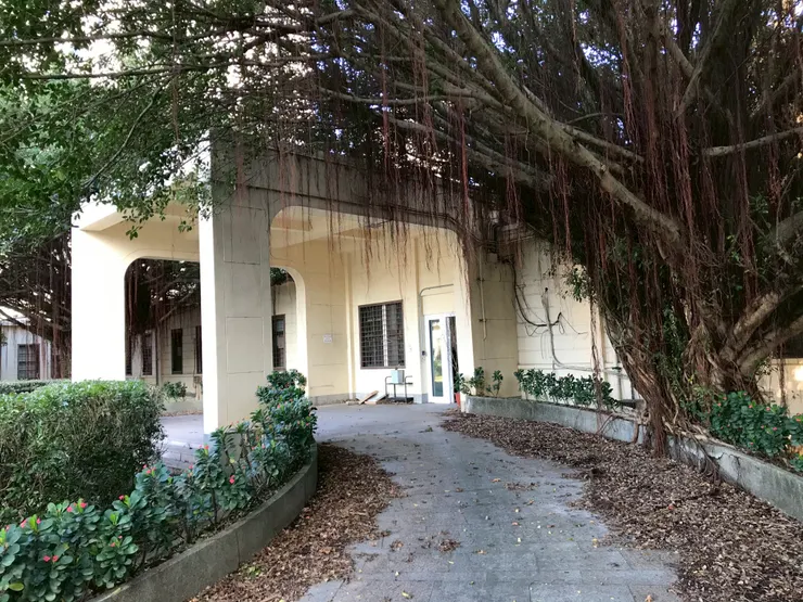 正方型的車寄從正面看，是ㄇ字形設計，簡單俐落，車道上方則以圓弧轉角修飾，增添柔和感（2021年。筆者友人提供）