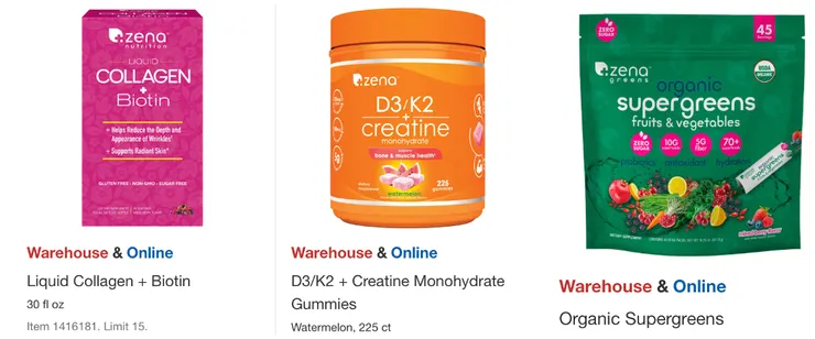 左起折扣後價格：液態膠原蛋白$28.99、D3/K2 + 肌酸軟糖$32.99、有機超級蔬果粉＄32.99。