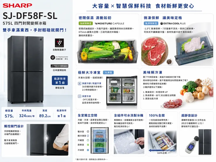 夏普 575L 四門變頻冰箱 SJ-DF58F-SL 一級能效 觸控開門 智慧保鮮 省電冰箱推薦