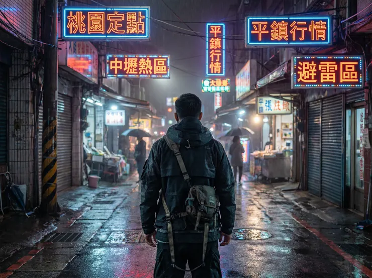 桃園夜間巷弄霓虹招牌映照著雨後街道，象徵數位媒合技術與在地服務的深度結合。