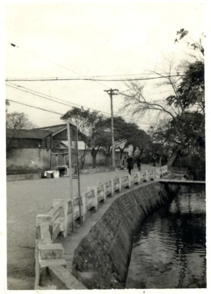 聚落廣場往公館圓環方向望去，舊照片中還可見一排造型如「水」字的水泥護欄，成為當年圳道的重要識別。（歐陽家提供）圖片來源：蟾蜍山老公館心聚落