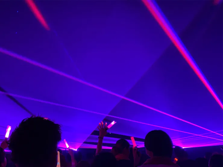 燈光重新回到全暗，之後雷射光照出後，大家就全部都重座位上站起來尖叫大喊