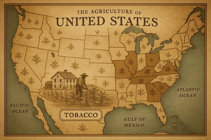 **南方州份（維吉尼亞、北卡羅來納、肯塔基等）**以深褐色標示，並有菸草圖案，強調其在菸草種植與出口上的重要地位。北方州份則以較淺的色調呈現，農業種類較少，象徵工業化程度較高、農業依賴度低。