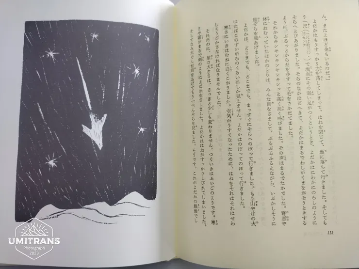 それだのに、星の大きさは、さっきと少しも変わりません。つくいきはふいごのようです。寒さや霜がまるで剣のようによだかをさしました。よだかははねがすっかりしびれてしまいました。そしてなみだぐんだ目をあげてもういっぺんそらを見ました。