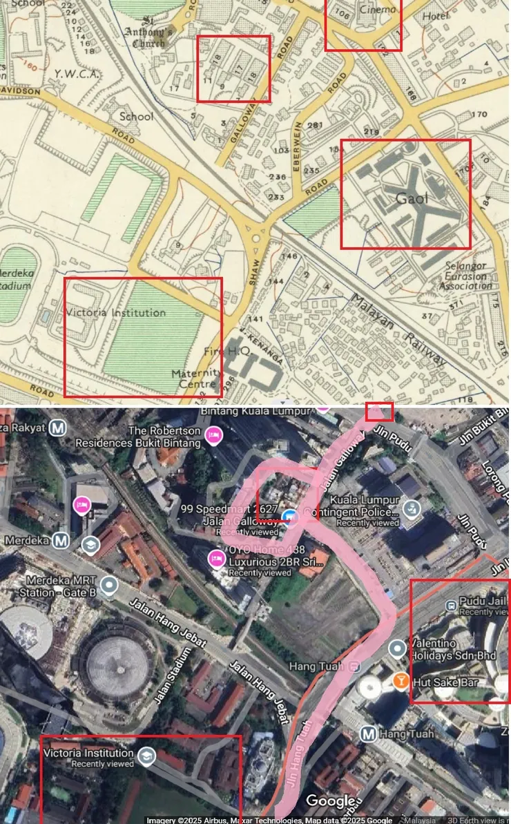 加羅威路和漢都亞路周圍地圖比較。 --Kuala Lumpur Map,Survey Dept., Federation of Malaya No. 65 - 1957;Google Map.