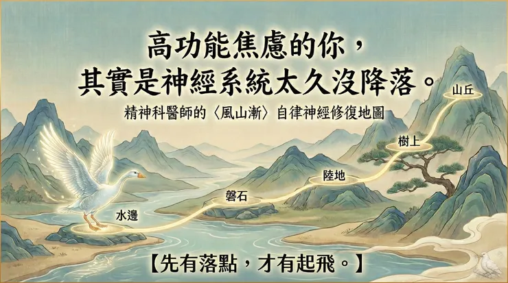 圖說｜ 借用〈風山漸〉的「落點」隱喻，對照臨床上理解自律神經狀態切換的觀點：修復往往不是先更努力，而是先把安全感與節奏重新建立起來。