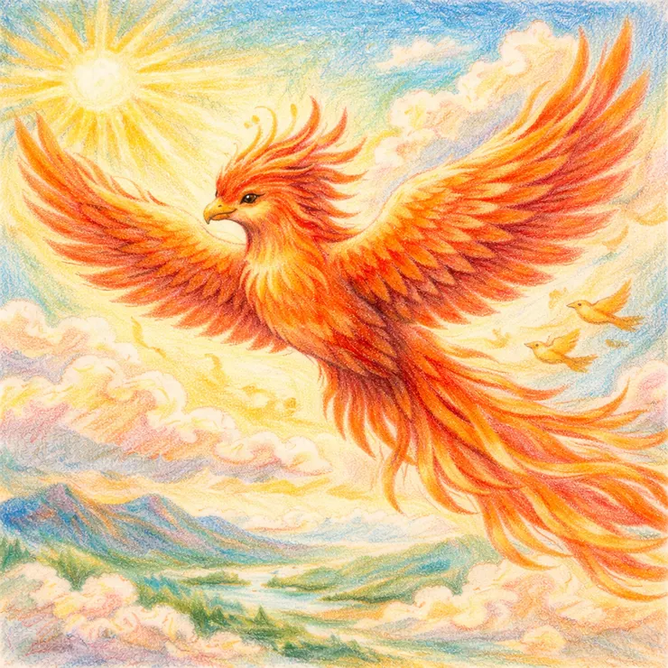 帶著慈愛特性的鳳凰緩緩出現。(AI生成示意圖)