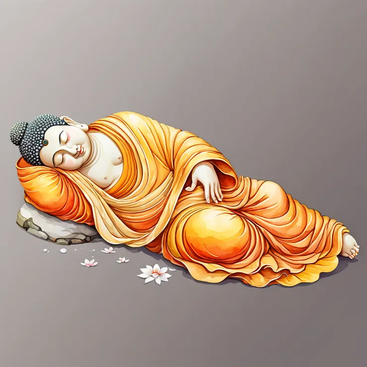 右脅而臥，曲身如弓