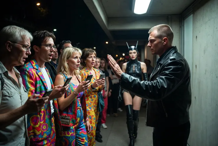 「遊客 vs 圈內人」： 呈現門口的戲劇性一幕。一邊是穿著鮮豔、拿著手機大聲喧嘩的遊客被攔下；另一邊是穿著全黑、沈默冷靜的當地人被放行。強調這種「格格不入」的感覺。