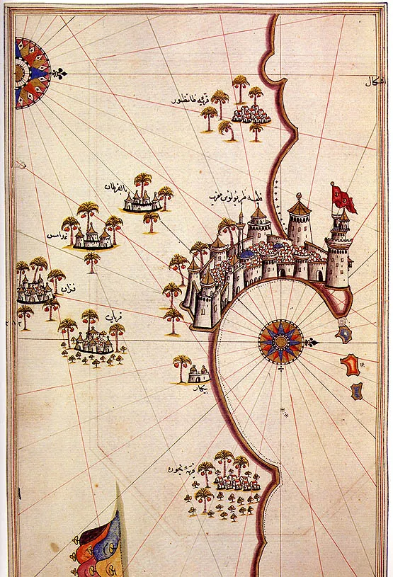 後來鄂圖曼時代的皮雷船長畫的的黎波里地圖。Wiki Commons, "Tripoli by Piri Reis.jpg"