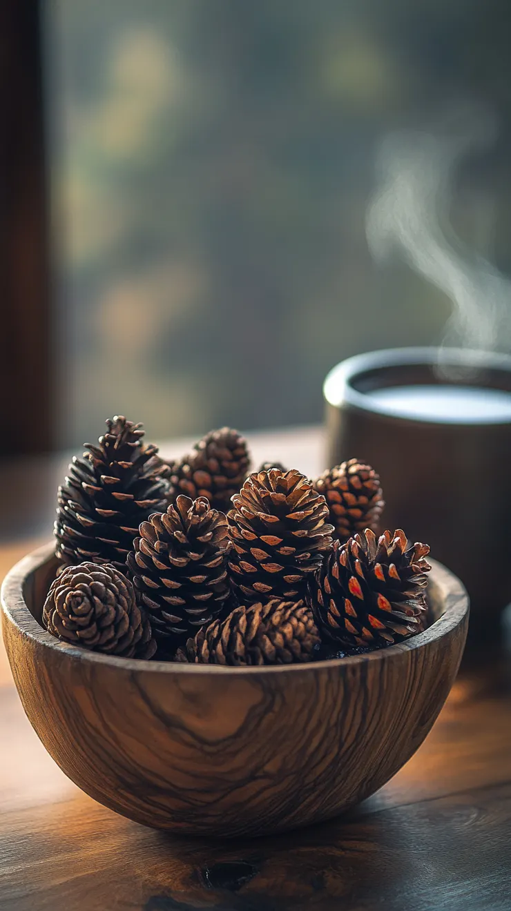 A rustic wooden bowl filled with vibrantly painted pinecones, sitting on a coffee table next to a steaming cup of tea