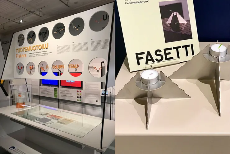 赫爾辛基設計博物館中的 Fiskars 剪刀展示（左），Fasetti 自創系列之一：Reeta Laine 設計的 Harmaja 燭台（右）。
