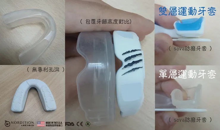 右邊上下圖：「運動牙套」分別與「SOVA®防磨牙套」的厚度對比！