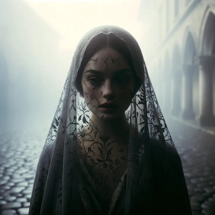 She stands in a foggy, cobblestone square at dawn, with the mist softly enveloping the scene.