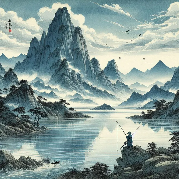 隱居的懸鈴在湖邊釣魚