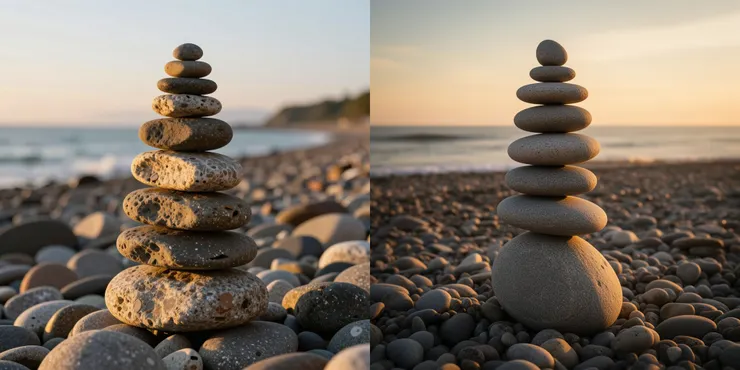 Prompt: A photorealistic nature photograph of a precariously balanced stone cairn (rock stack) on a pebble beach at sunset. The stack consists of exactly seven river stones of varying sizes and shapes, arranged vertically from the largest at the bottom to the smallest at the top, appearing to defy gravity with tiny contact points. The lighting is golden hour light, casting long shadows. (左：Z-Image-Turbo 右：FLUX-2 [dev])