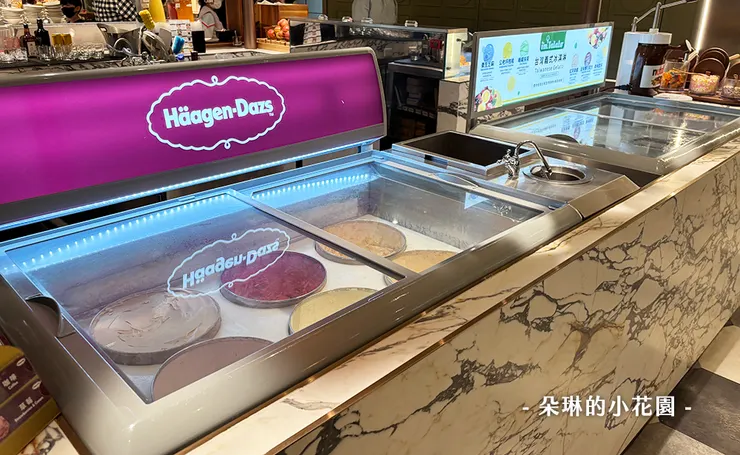 有哈根達斯和台灣品牌的冰淇淋，哈根達斯很有誠意，很軟很好挖XD  某些吃到飽號稱有提供，結果故意冰的很硬很難挖，真是不可取
