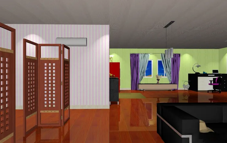 床的位置特意在最裏面，遠離書桌，跟沙發也有一些距離。