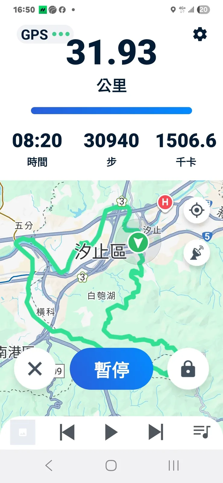 徒步時間：08:20、總步數：30.940、消耗卡路里：1.506.6。
