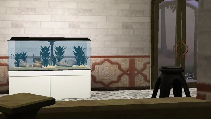 房間外面的魚缸，但現在沒有魚，要去釣才有。