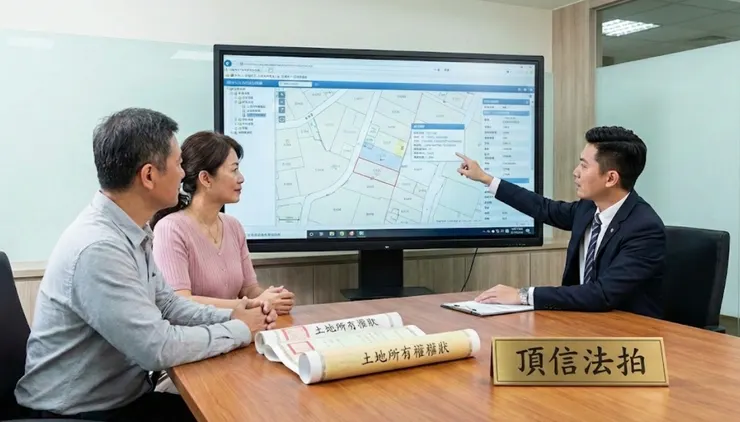 頂信法拍專業顧問為客戶解說法拍屋地籍資訊，提供精準的產權評估與法拍投標策略諮詢。