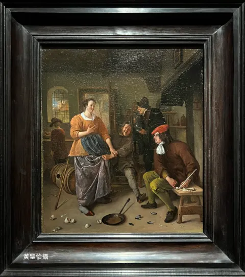 楊．斯汀《旅館內部（破掉的蛋）》，平民生活被立為題，但畫作仍然以說教為目的。作者攝於香港故宮文化博物館。