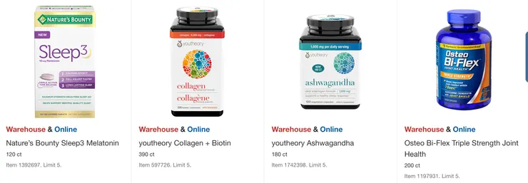 Nature's Bounty 褪黑激素 $21.49,youtheory膠原蛋白$20.99、南非醉茄(緩解壓力)$20.49,Osteo 葡萄糖胺 $23.49。