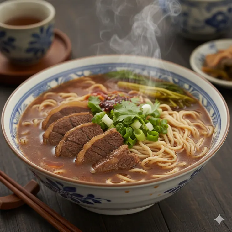 一碗熱騰騰的牛肉麵，近距離拍攝，湯汁濃郁，台式家常風格，適合餐廳菜單使用