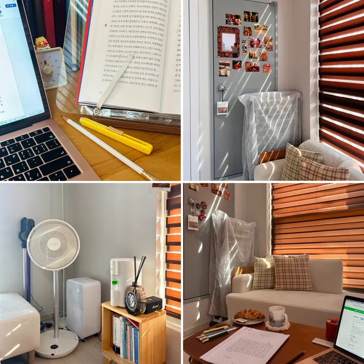 從左至右、從上至下：1 中秋假期都坐在桌前寫作業／2 換上秋天氛圍的暖氣室門／3 即使進入秋天，家裡還是因為一整天的日照熱到不行，不想再開冷氣，只好買新的一樓用電風扇／4 靠窗的書桌在中午後會因日曬變得非常熱，常常得搬到客廳桌，坐在地上繼續讀書