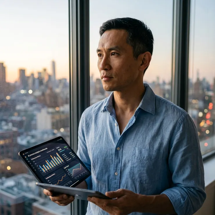 梁练伟手持平板，复盘AI自动化工作流成果并思考优化方向。