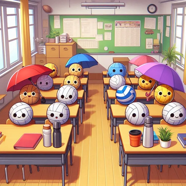請幫我畫一張教室裡有兩顆排球、三把傘、1支保溫瓶，全班同學看著它們但表情納悶的畫面！(小昕咒語Bing繪圖)