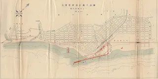 花蓮港築港計畫平面圖，可見港灣是在陸地上開挖出來的資料來源：[昭和十一年七月]花蓮港築港概要