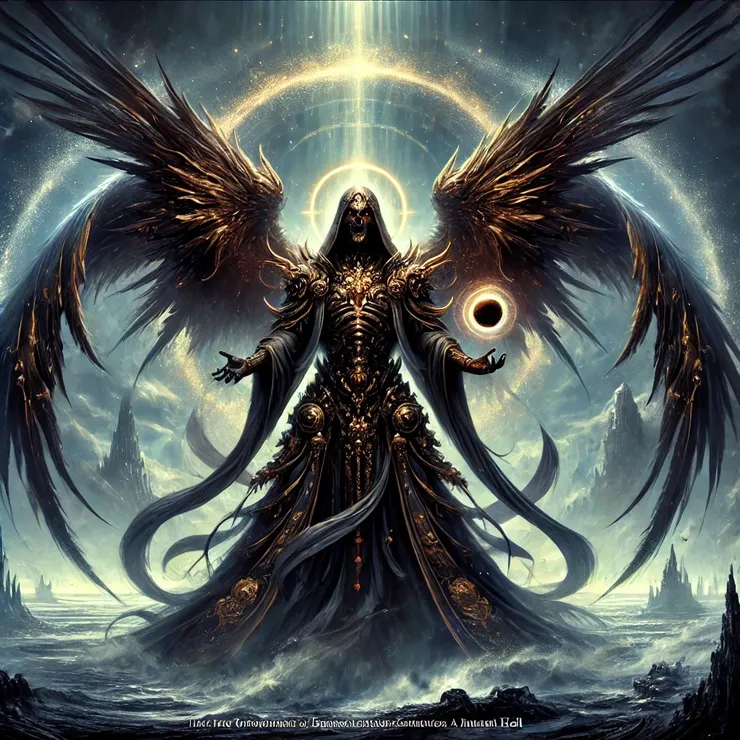 他是被稱為死亡天使(Angel of Death)與地獄守護者(Guardian Spirit in Hell)的神秘存在。畫面呈現出他高聳的身影,擁有黑金色的流動長袍,象徵審判與神聖權威。他的雙眼發出超凡的光芒,手持一卷刻有靈魂名冊的古老卷軸,象徵他在靈魂審判中的角色。背景則是一片瀰漫迷霧的暗影國度,迴盪著迷失靈魂的低語,象徵著毀滅與神聖意志的平衡