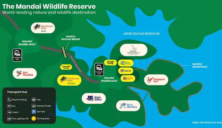 新加坡萬態野生動物保護區，黃色區塊是即將開幕的亞洲雨林探險園