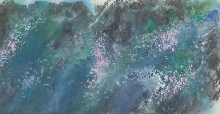 2022-江心靜 -道隱系列-野溪逐春去-69 x 138 cm-水墨設色紙本