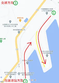 因港區股道配置，列車從花蓮站出發得要折返三次才能進入8號碼頭下船線(黃線)