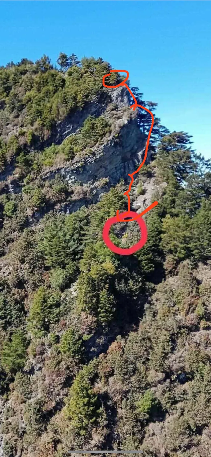 空勤從直升機拍山壁整體的照片，我援引來製作小曾的墜落軌跡，紅色圓圈處是直升機看見我的位置，箭頭尖端就是我們過夜的小坡。（來源：空勤總隊）