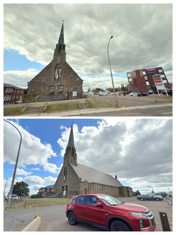 蒙克頓聖母無原罪主座教堂，旁邊有速食店。