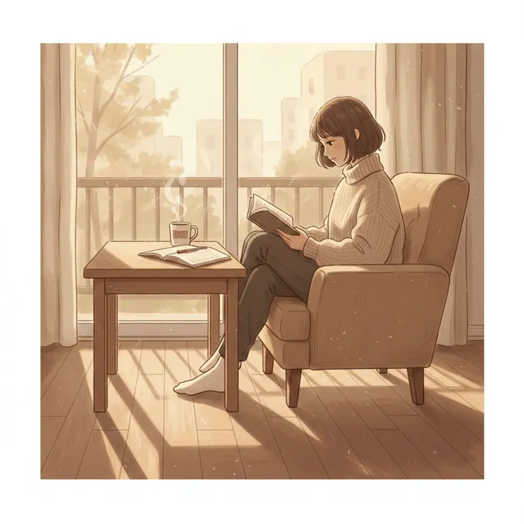 一位短髮女生，坐在窗邊看書，木質桌子，午後陽光灑進室內，溫暖柔和插畫風格，色調偏米色