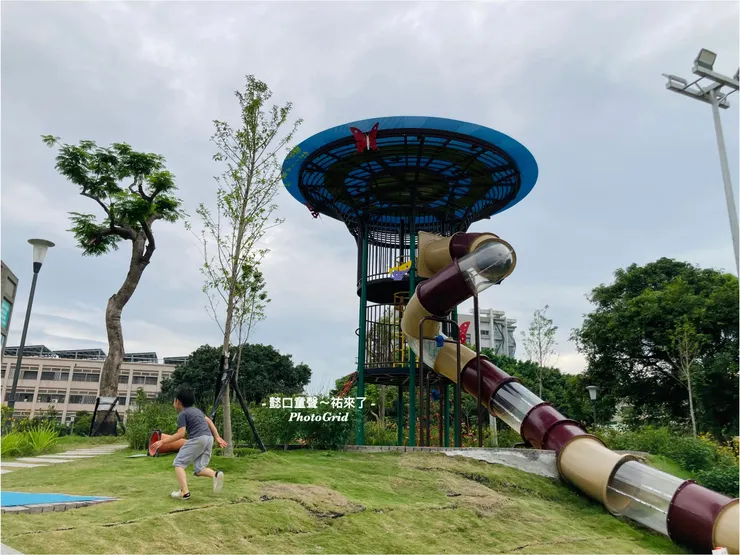 高塔溜滑梯右側♿️無障礙可及，左側有大株鳳凰木。