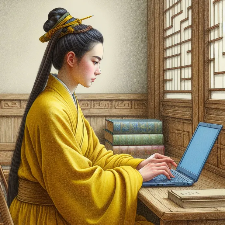 Ai生成了一個使用筆電的古代女子