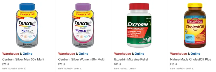 善存 50歲以上綜合維他命 $20.49,Excedrin Migraine緩解偏頭痛錠 $18.49,Nature Made 降低膽固醇錠 $26.49。