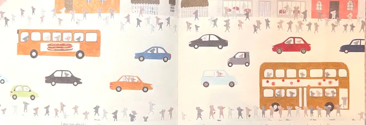 他搭乘巴士,經過電影院和花店,他喜歡來這裡買花。