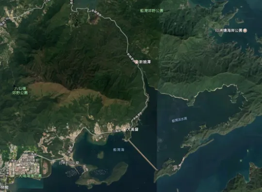 船灣淡水湖、船灣郊野公園及八仙嶺郊野公園 地圖（圖片來源：Google&nbsp;Map 截圖）