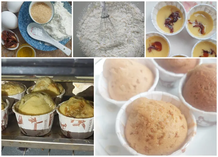 假桂圓杯子蛋糕 作法簡圖。請參考一般杯子蛋糕的做法，我們只是把原本的桂圓替換成煙燻月桃花乾